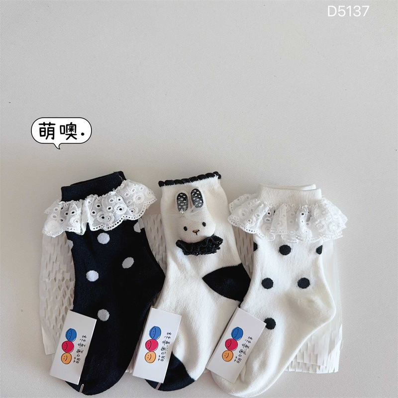 1萌噢2025秋冬中筒袜女宝童袜韩系小兔波点蕾丝棉袜2-12岁D5137|undefined
