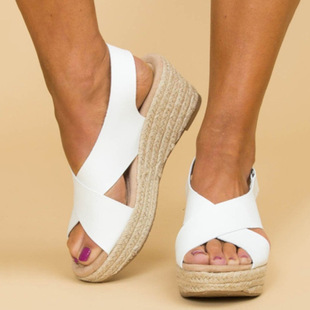 Large Size Wedge Sandals Women's wish Amazon European and American Straw Woven Hemp Rope Open Toe Roman Shoes Cross Peep Toe Women's Sandals
