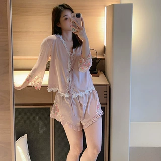 新款冰丝睡衣女春秋套装性感蕾丝吊带短裤带胸垫四件套家居服夏季