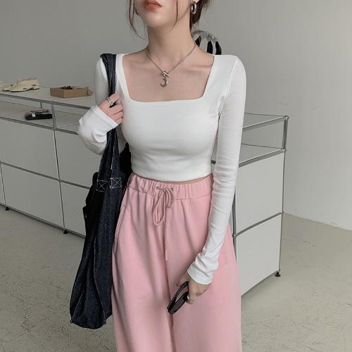 Principios de otoño diseño de manga larga Camiseta cuello cuadrado de las mujeres slim fit adelgazar clavícula cuello bajo ombligo corto camisa de fondo superior