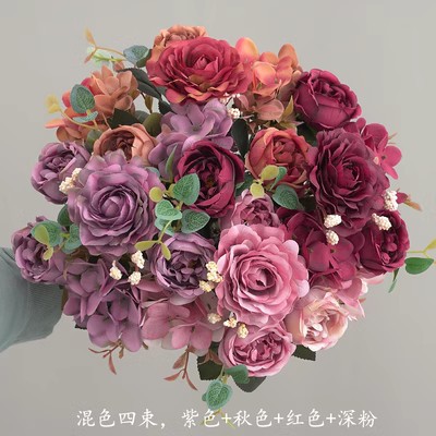 4 bunches of hydrangea Peony Bouquet purple + autumn + red + deep powder