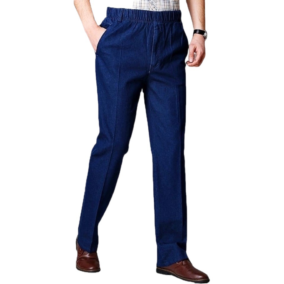 Elástico de mediana edad y ancianos pantalones vaqueros de los hombres cintura elástica pantalones casuales de color sólido cintura alta pantalones de mezclilla al por mayor en stock
