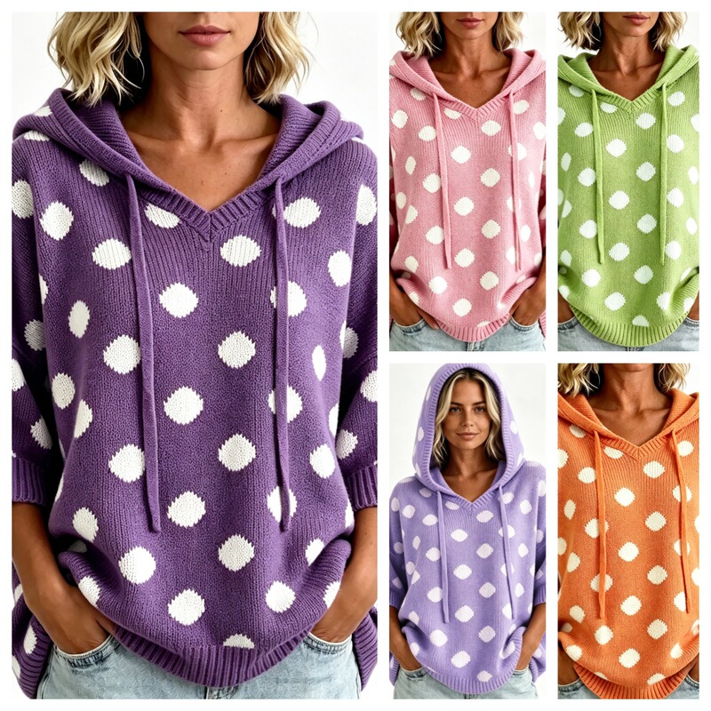 Cross-border best-selling polka dot hooded knit sweater, European and American style, plus size, loose fit, three-quarter sleeves, supports ODM customization Cross-border best-selling polka dot hooded knit sweater, European and American style, plus size, loose fit, three-quarter sleeves, supports ODM customization
