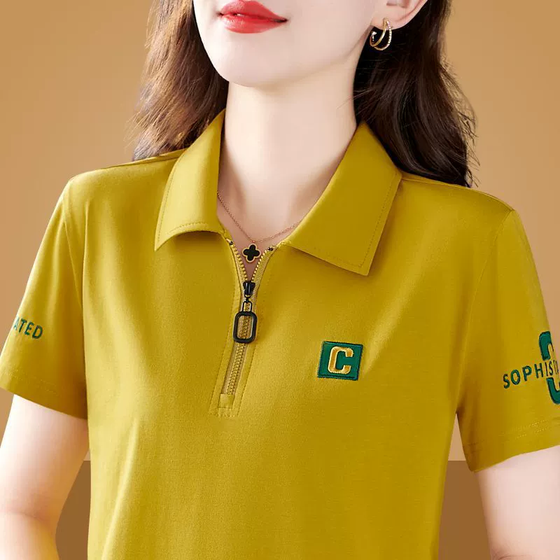 Женская летняя футболка с короткими рукавами и лацканами, новая летняя футболка, свободная футболка большого размера, закрывает живот и выглядит стройнящей рубашкой-поло