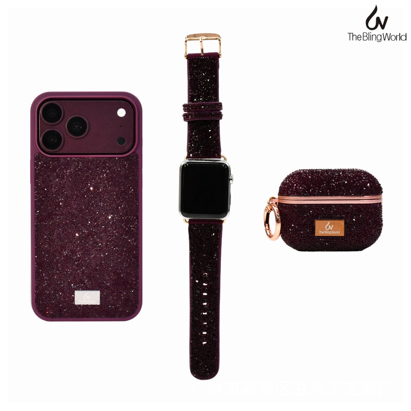 Suitable for Apple 18Promax Rhinestone Phone Case, Airpodspro Protective Cover, iWatch Strap Three-Piece Set Suitable for Apple 18Promax Rhinestone Phone Case, Airpodspro Protective Cover, iWatch Strap Three-Piece Set