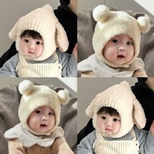 ins韩国洋气婴儿护耳帽秋冬季毛绒保暖小月龄宝宝撞色双球帽子冬