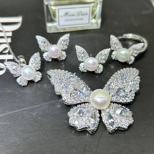 925 new full diamond zircon natural freshwater pearl butterfly suit earrings necklace ring live explosions
