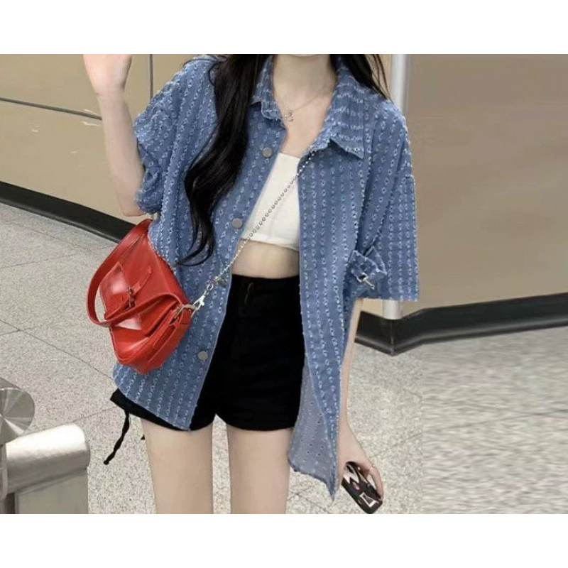 Ретро летний тонкий_denim набор, 2025 год, стиль Шанель, 3 предмета, с коротким рукавом, высокая талия