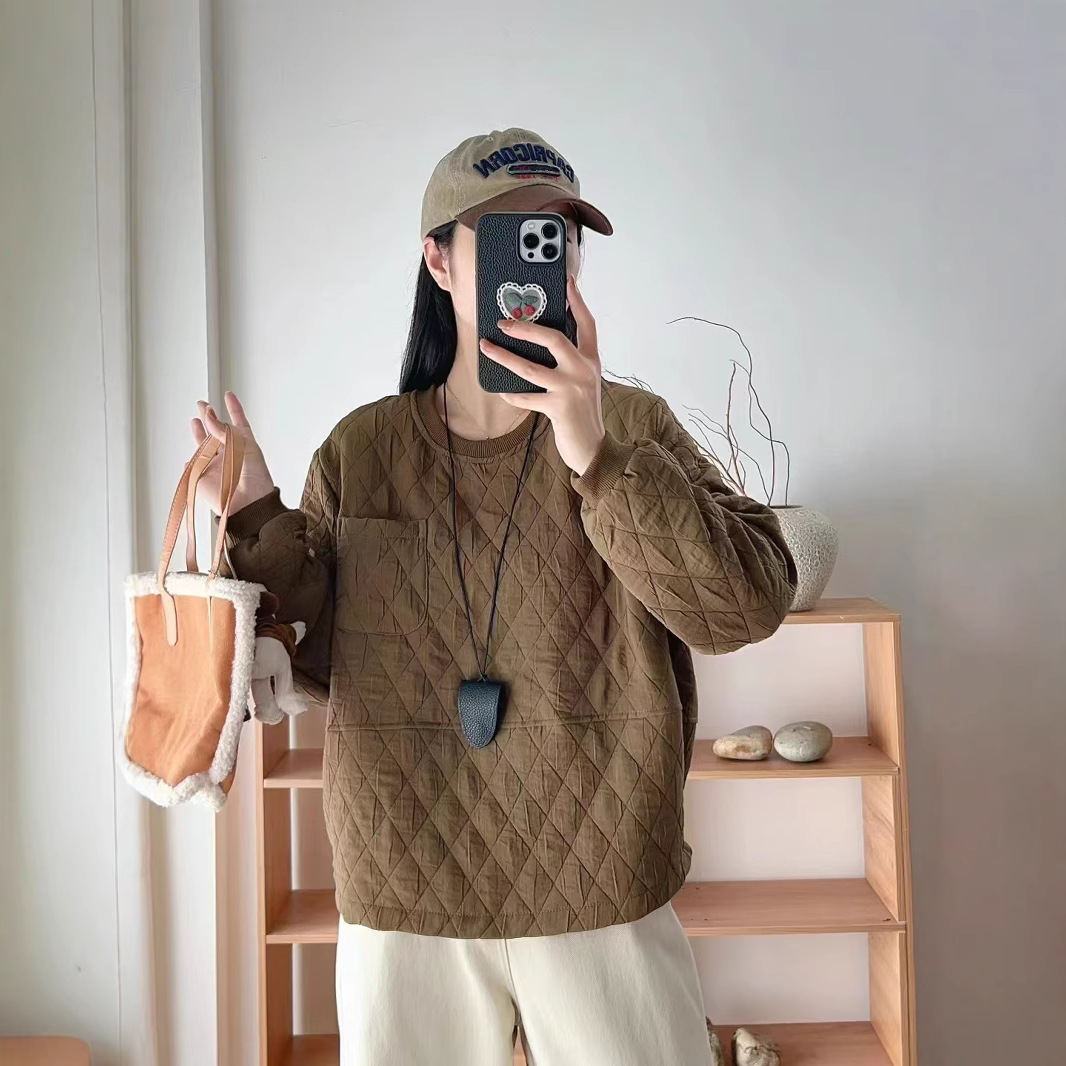 (2개) 새로운 느슨한 퀼트 다이아몬드 크루 넥 긴팔 캐주얼 올 매치 얇은 코튼 패딩 풀오버 코트 여성