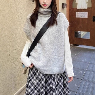 韩系秋冬新款纯色背心叠穿宽松显瘦毛衣女高领时尚针织衫马甲外套