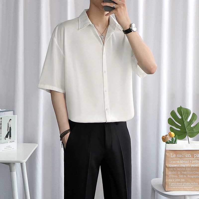 thumbnail for Ice Silk Short-sleeved Shirt Men&#039;s Summer Thin Trendy Brand High-end Sense Loose Half-sleeved Black Casual Shirt