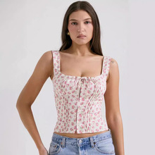 法式复古田园纯欲辣妹碎花方领吊带上衣度假风甜美显瘦百搭小背心