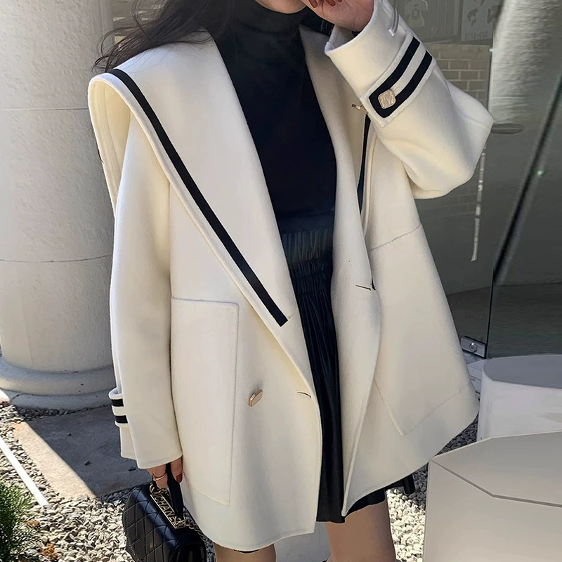 Demi-season retro navy woolen coat for leisure made of faux fur, jacket, Korean style, French retro style, oversize