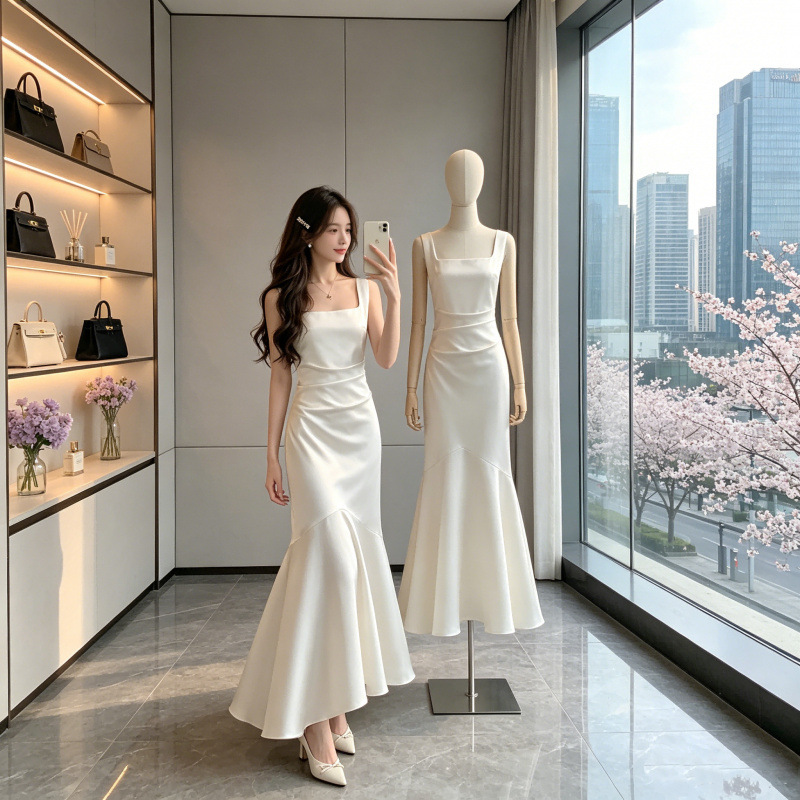 But You, You Have a White Satin Slip Dress for Women, a Summer Mermaid-Style Long Engagement Party Gown