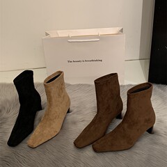 棕色高跟短靴女秋冬新款短筒法式小踝靴绒面粗跟方头瘦瘦靴女鞋