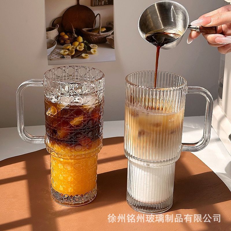 Taza de agua de paja de alta capacidad, taza de vidrio a rayas verticales con mango, taza de café, taza de paja de regalo promocional