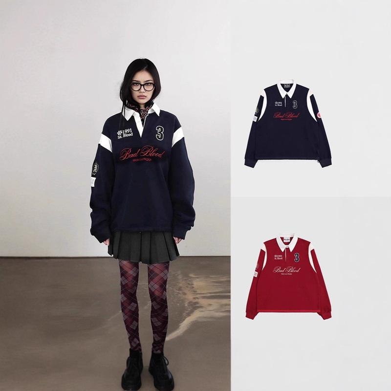 Xu Lu Star's Same Style American Retro Sports Style Embroidered Couple's Spring and Autum Long-Sleeved Contrasting Polo Shirt Sweatshirt