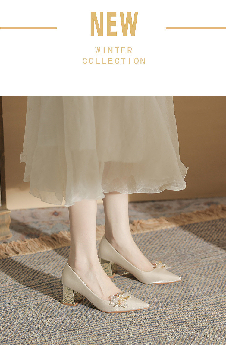 Giày cao gót nữ mũi nhọn satin gót thô Jin Gang CH60-41 — Màu đỏ rượu chi tiết 2