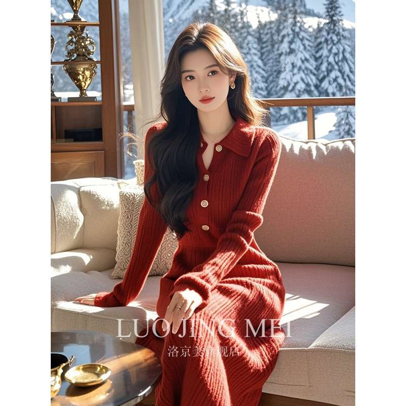 Korean Christmas Homecoming Toast Outfit New Year Red Versatile Polo Collar Knit Sweater Dress Long Skirt