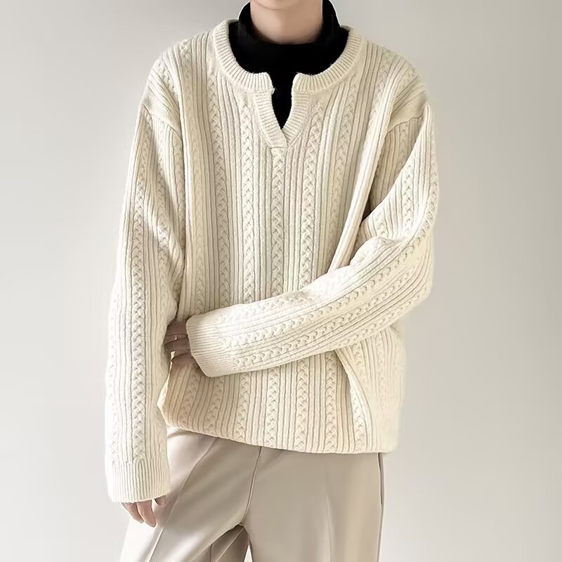Pull en tricot à col en v pour homme en mélange coton hiver_voghion.com