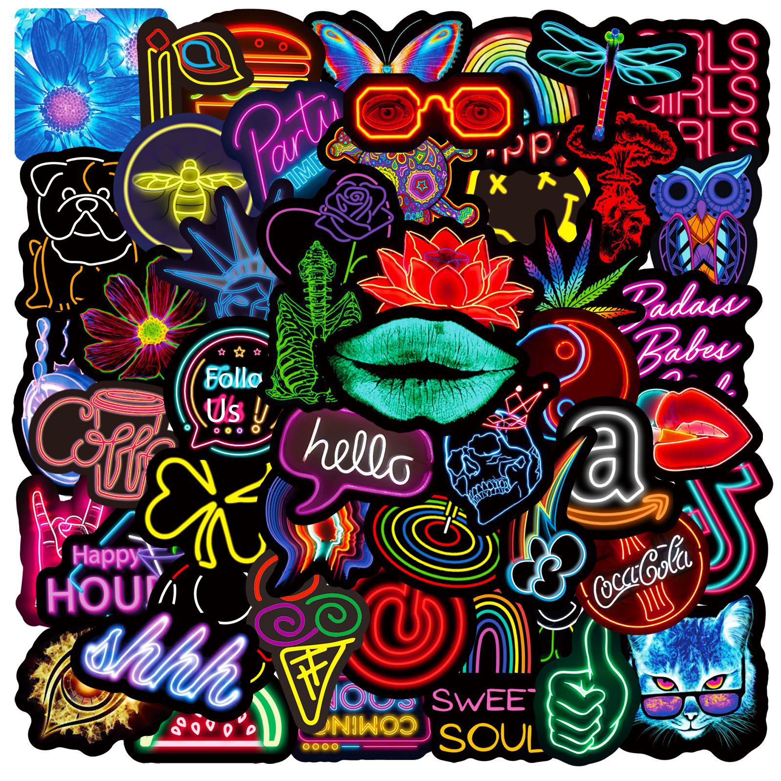 50 pegatinas de neón al por mayor creativo portátil equipaje monopatín taza de agua impermeable decorativo graffiti pegatinas