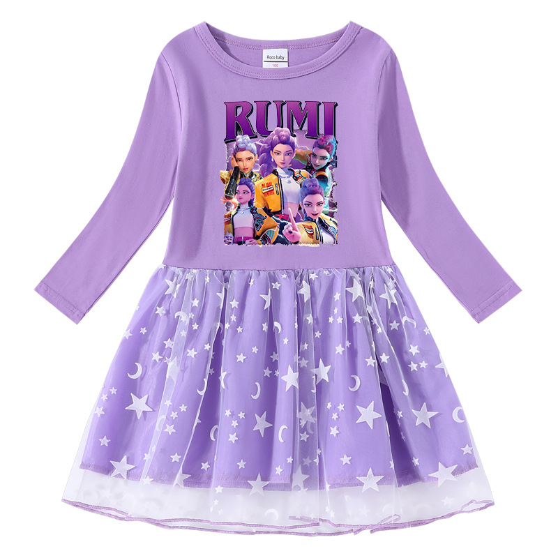 Korean Style Children's Dress Short-Sleeved Summer Girls' Spring and Autumn Long-Sleeved Kpop Hunter Girl Group Mesh Short-Sleeved Princess Dress