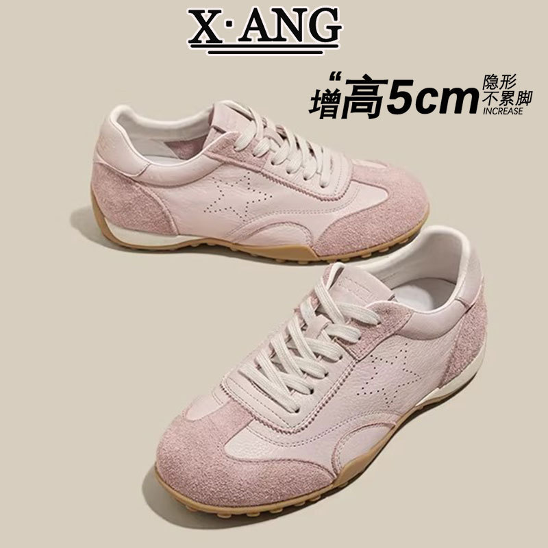 Cowhide Version with Internal Height Increase, Pink Lace-Up German Training Shoes, Women's Shoes, Star-Patterned Sneakers, Soft-Soled Forrest Gump Shoes, Casual Sports Shoes