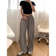 灰色美式速干工装裤女夏季薄款降落伞兵裤宽松显瘦休闲阔腿运动裤