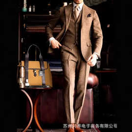 新款复古人字纹修身男西服套装绅士三件套西装帅新款西装男士套装