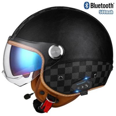 Motosiklet kaskı (dəbilqə) — half helmet double mirror helmet - checkerboard-black-short-outside-and-color-insidebluetooth-m