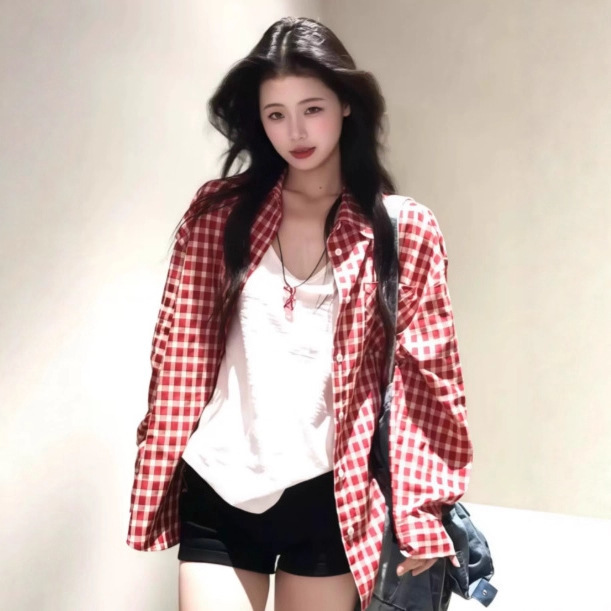 Retro Red Casual Plaid Shirt Jacket 2025 Autum New Long-Sleeved Loose Lazy Style Shirt Top Trendy Retro Red Casual Plaid Shirt Jacket 2025 Autum New Long-Sleeved Loose Lazy Style Shirt Top Trendy