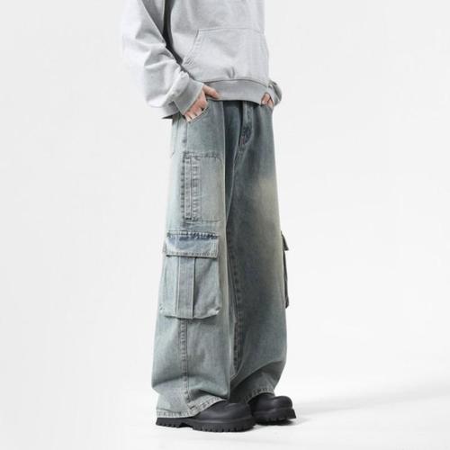 American Wide Leg Workwear Jeans for Men - Autumn Trend Brand Loose Washed Casual Pants with Large Pockets - Straight Leg Floor-Length Trousers