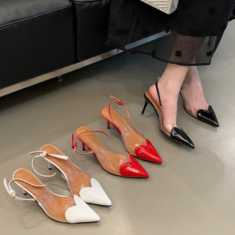 Pointed Toe Stiletto Sandals for Women 2026, Heart-Shaped Patent Leather, Transparent Backless, Single Strap High Heels, Wholesale, Summer Quick Delivery