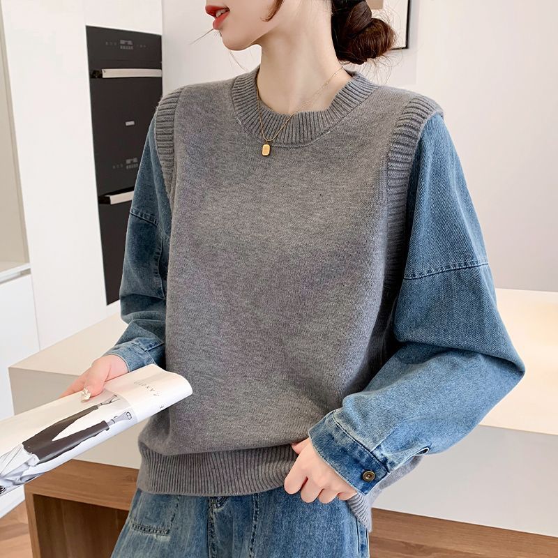 假两件牛仔衬衫袖拼接针织衫上衣女秋冬2025新款圆领宽松慵懒外穿|undefined
