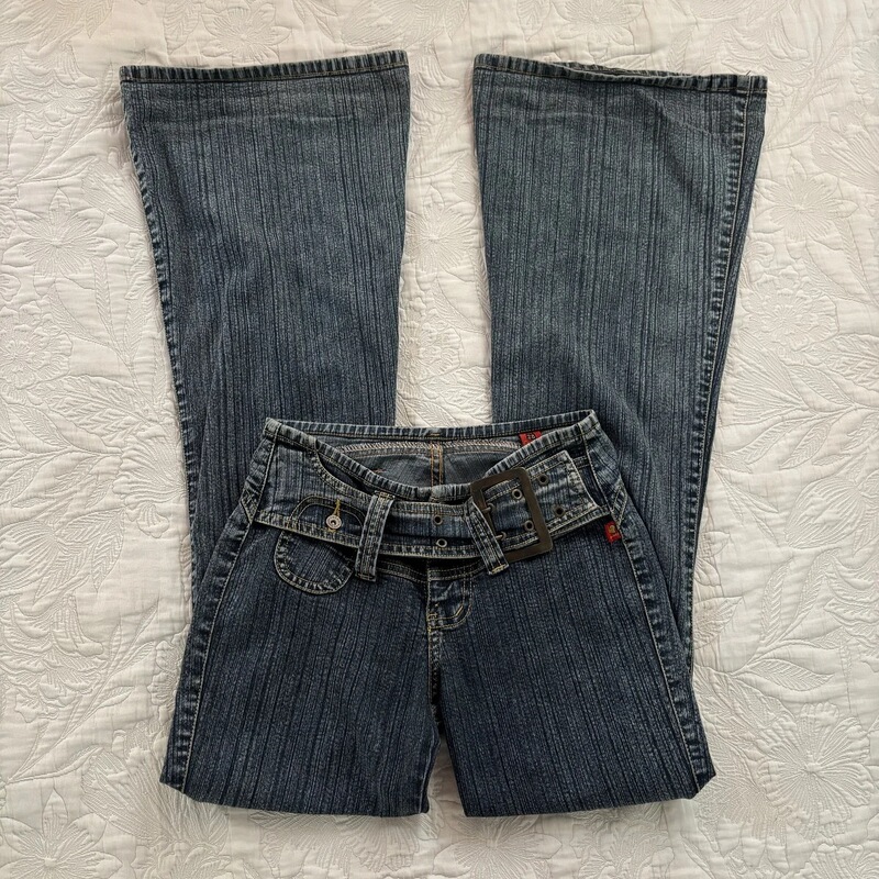 European and American Cross-Border Aliexpress Vintage Low-Waist Flared Pants for Women with Vertical Stripe Texture and Buckle Belt Jeans for Women Wholesale