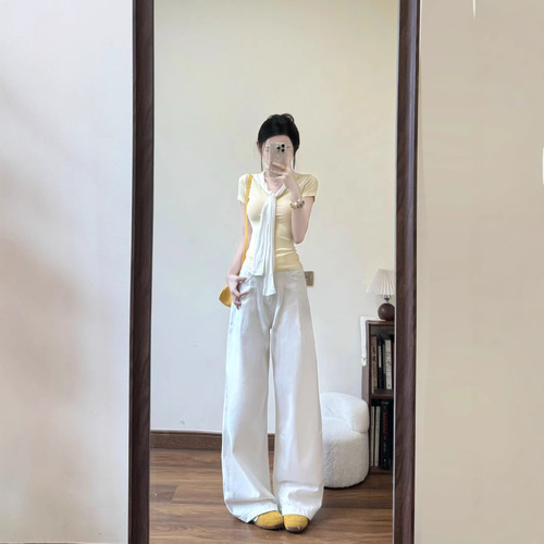 Pure Desire Gentle Yellow Two-Piece Straps Short-Sleeve T-Shirt for Women - Summer New Arrival - Straight Shoulder Slim Fit Slimming Short-Sleeve Top