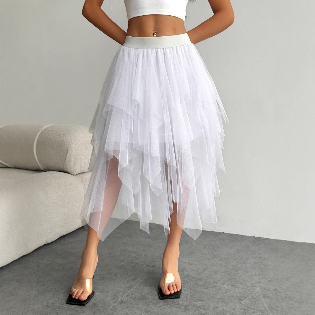 不规则网纱半身裙女中长款2025春季新品纱裙高腰百搭显瘦裙