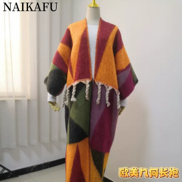 European and American new designer color geometric color matching robe double-sided printed scarf ethnic style shawl fashionable outer wear