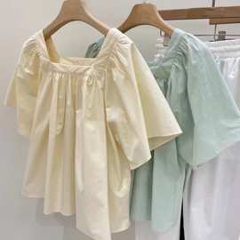 宽松时尚夏季女装2023新款法式小洋气众方领可甜可盐超仙气质衬衫
