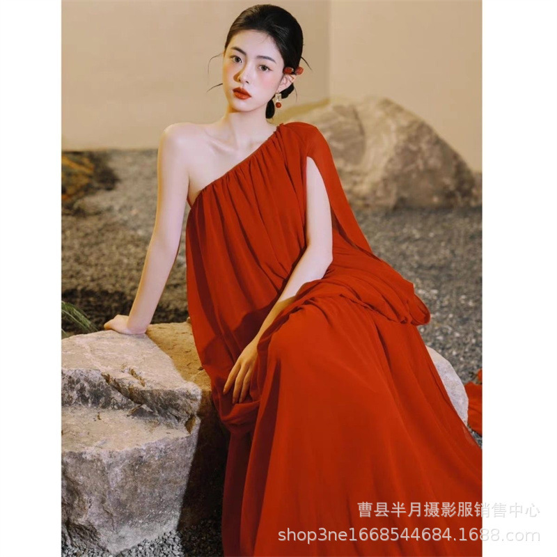 影楼新款中式主题摄影服装红色晨袍氛围连衣裙少女写真艺术照礼服|undefined