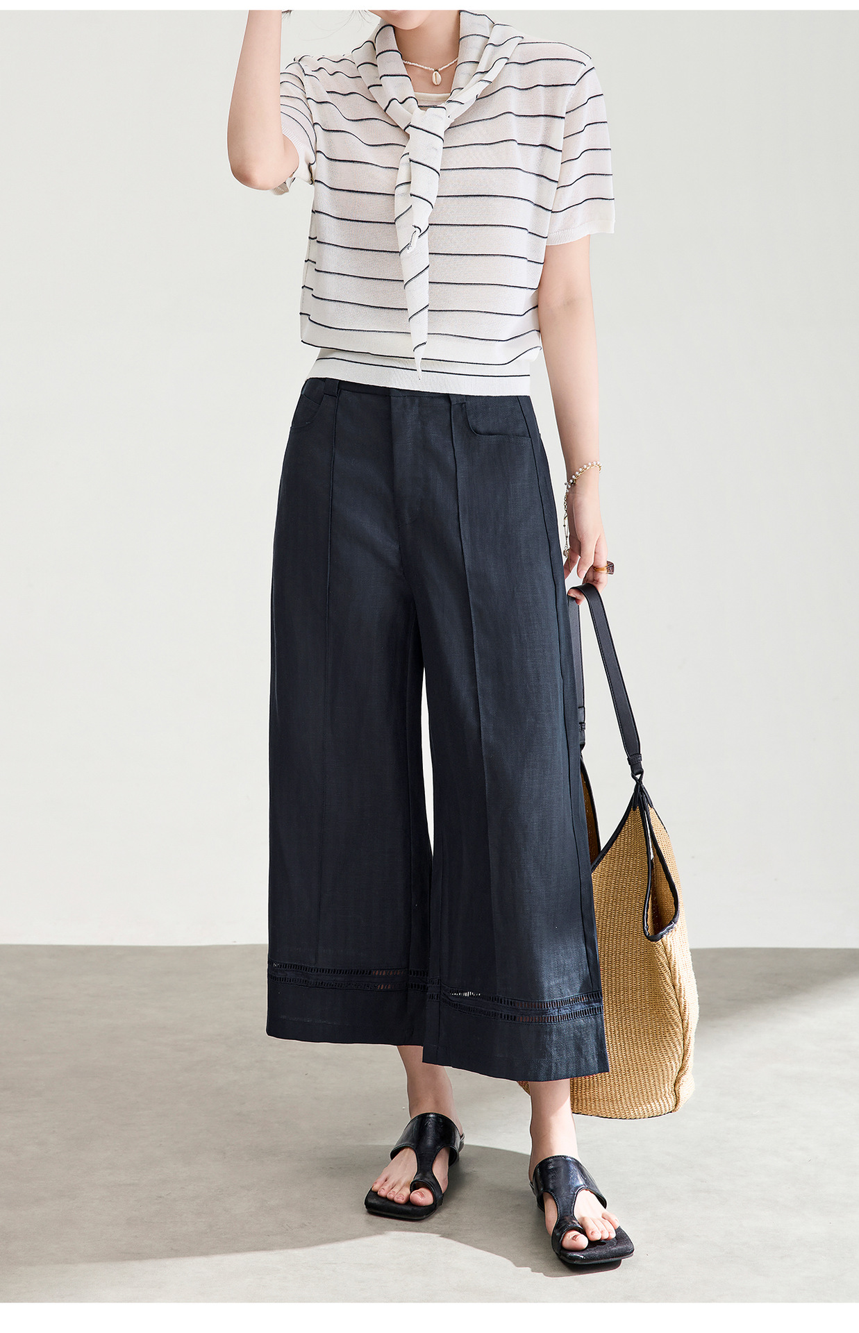 Quần culottes nữ ống rộng dáng dài 9 phần, chất liệu sợi gai dầu mỏng nhẹ mùa hè — màu xanh navy chi tiết 23