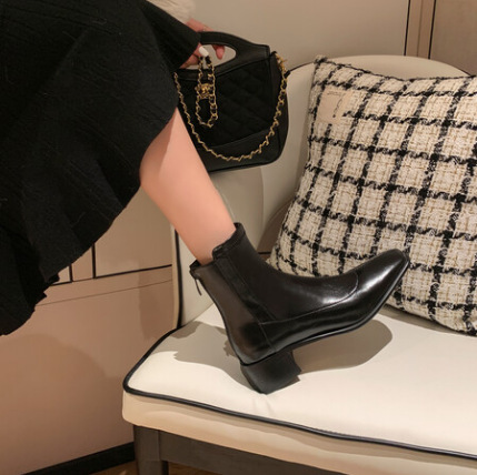 Sister Ran's Clearance Sale~~~·French-Style Chunky Heel Round-Toe Slim Boots Low-Heeled Ankle Boots