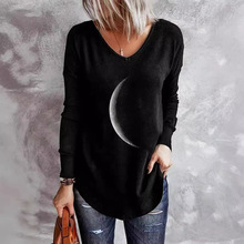 303937欧洲独立站月秋冬保暖衫牙印花纯色t恤上衣长袖V领打底衫女