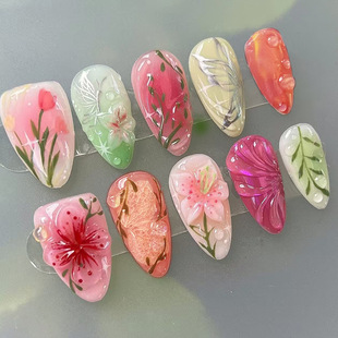 Foreign Trade Stereo Blush Ice Flower Bubble Butterfly Starburst Ins Style Wearable Nails 24 Pieces Press on Nails
