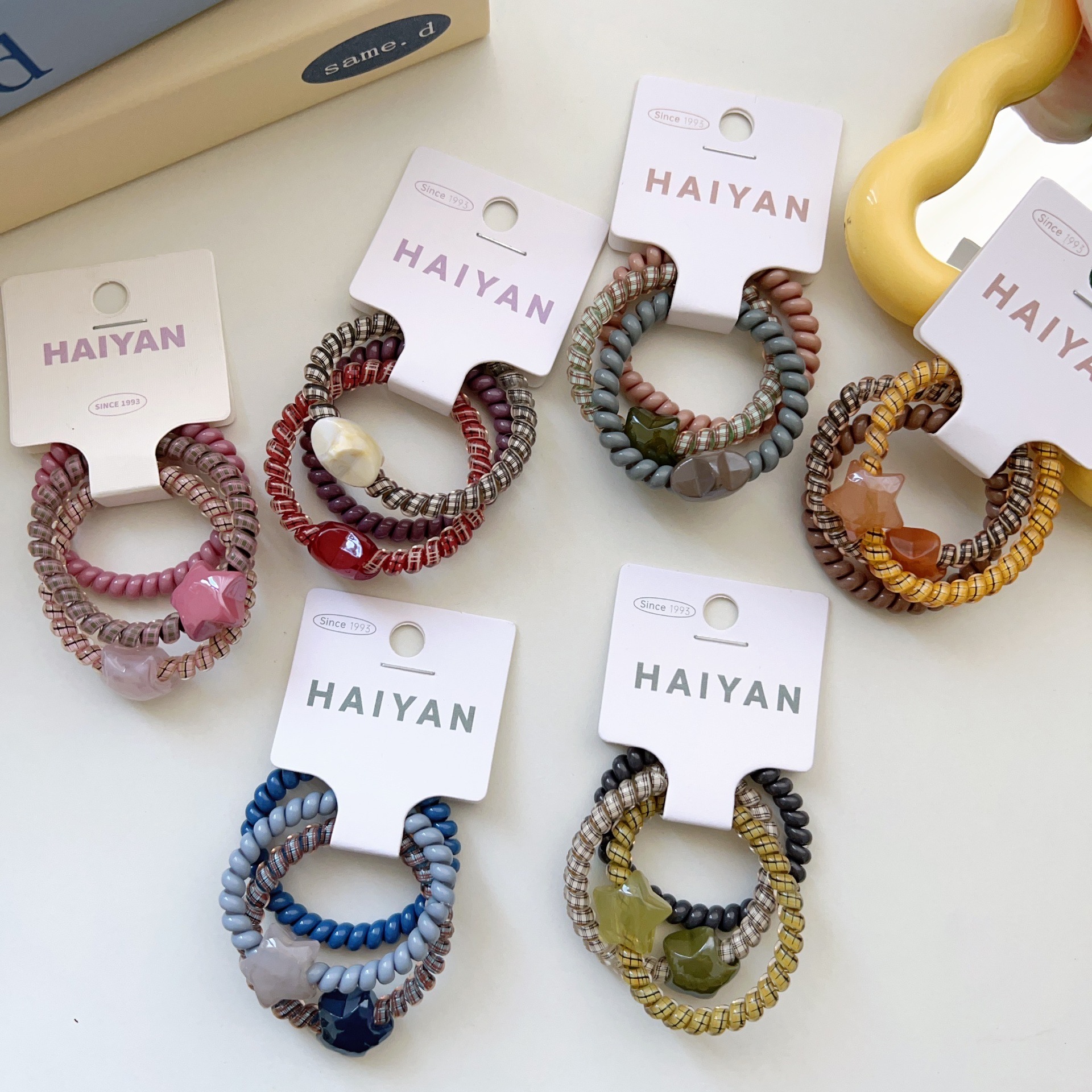 3根裝~細款電話圈糖果色五角星電話線發圈無痕扎頭髮頭繩皮筋頭飾