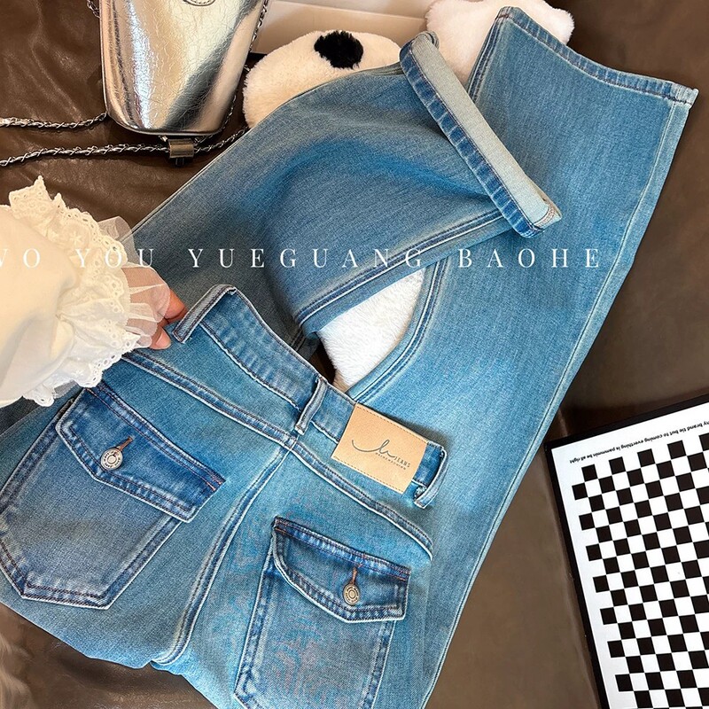 Straight-Leg Effect~ Four-Way Stretch High-Waisted Light Blue Denim Flared Pants for Women, Fashionable Slimming Straight-Leg Micro-Flare Pants Straight-Leg Effect~ Four-Way Stretch High-Waisted Light Blue Denim Flared Pants for Women, Fashionable Slimming Straight-Leg Micro-Flare Pants