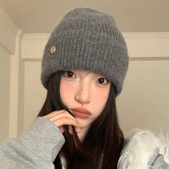 堆堆帽显脸小护耳蓝色针织毛线帽春秋冬百搭韩系字母护耳灰色冷帽