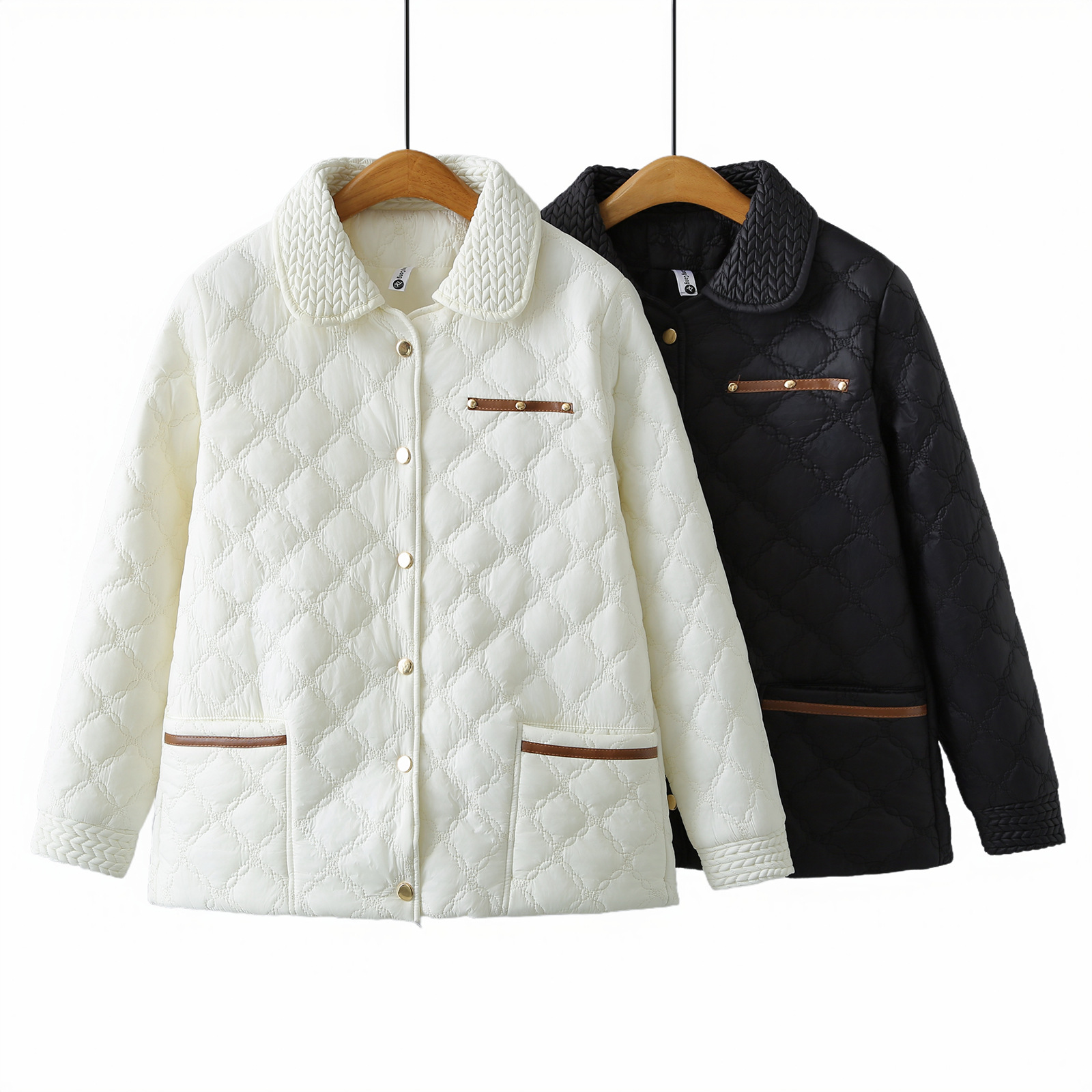 Women's Plus Size Quilted Puffer Jacket - Elegant Casual Winter Coat With Pockets, XL-4XL, Black & Beige_voghion.com