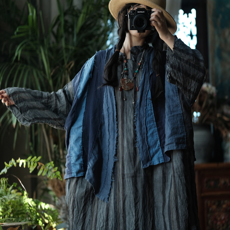 Original Design Women's Retro Literary Cotton and Linen Patchwork Vest Autumn Outer Wear 2247 Blue Patchwork