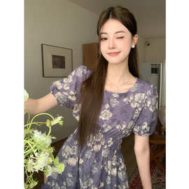 速卖通茶歇法式紫色碎花连衣裙女夏新款高级感绝美收腰仙女长裙潮